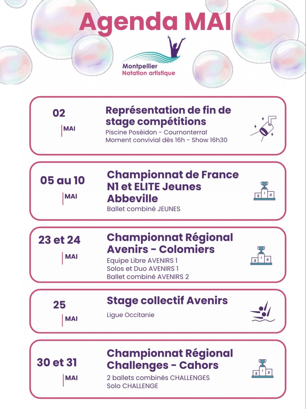 Calendrier d'événements Montpellier Natation Artistique Mai 2026