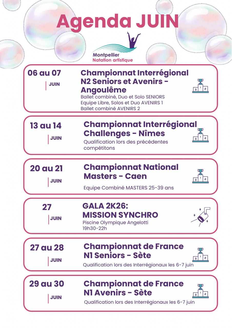 Calendrier d'événements Montpellier Natation Artistique Juin 2026